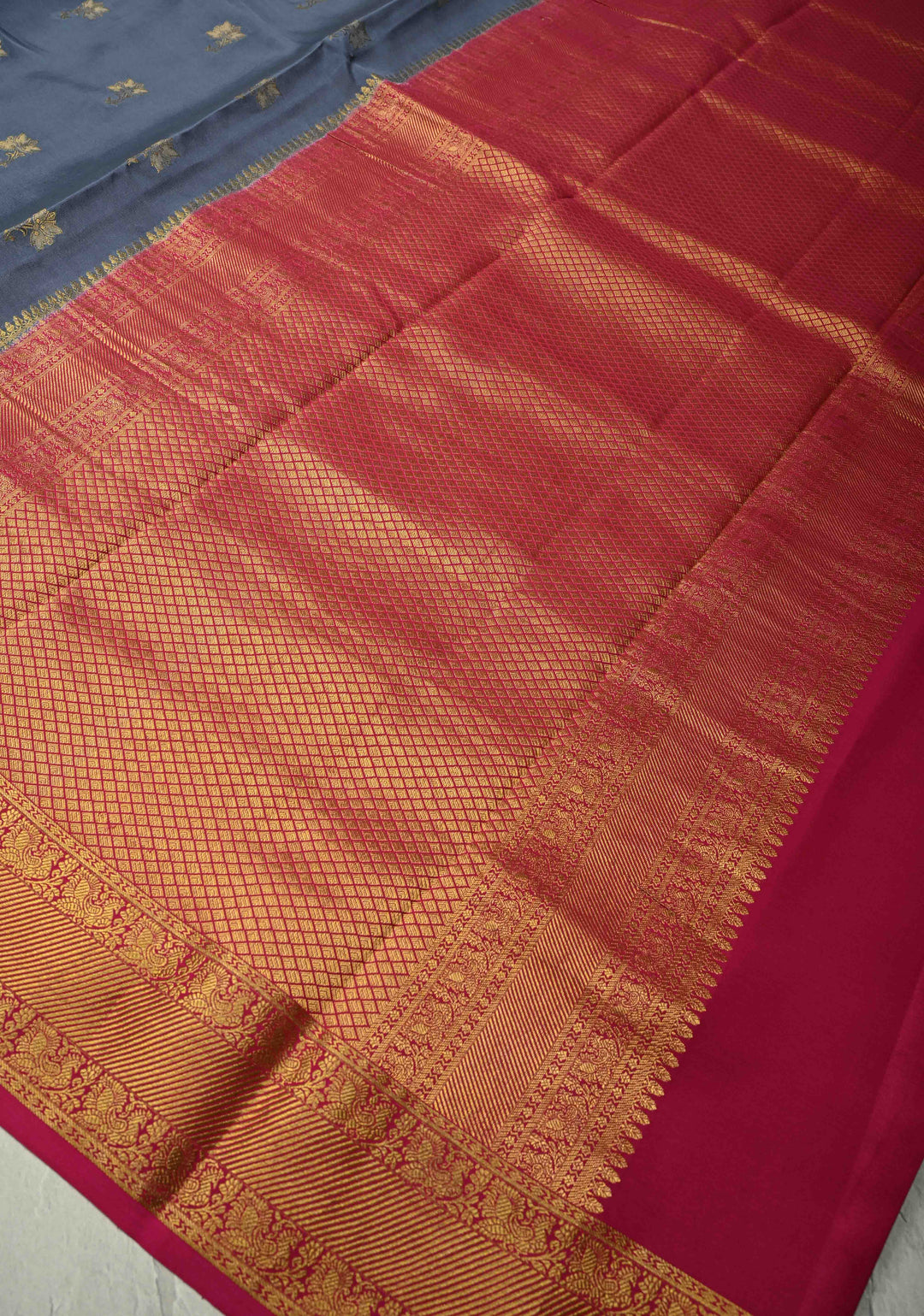 KSIC Grade Thickness Charcoal Gray Mysore Silk Saree with Floral Zari Buttas and Contrast Zari Border| SILK MARK CERTIFIED