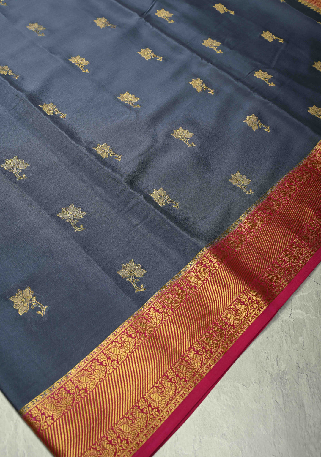 KSIC Grade Thickness Charcoal Gray Mysore Silk Saree with Floral Zari Buttas and Contrast Zari Border| SILK MARK CERTIFIED
