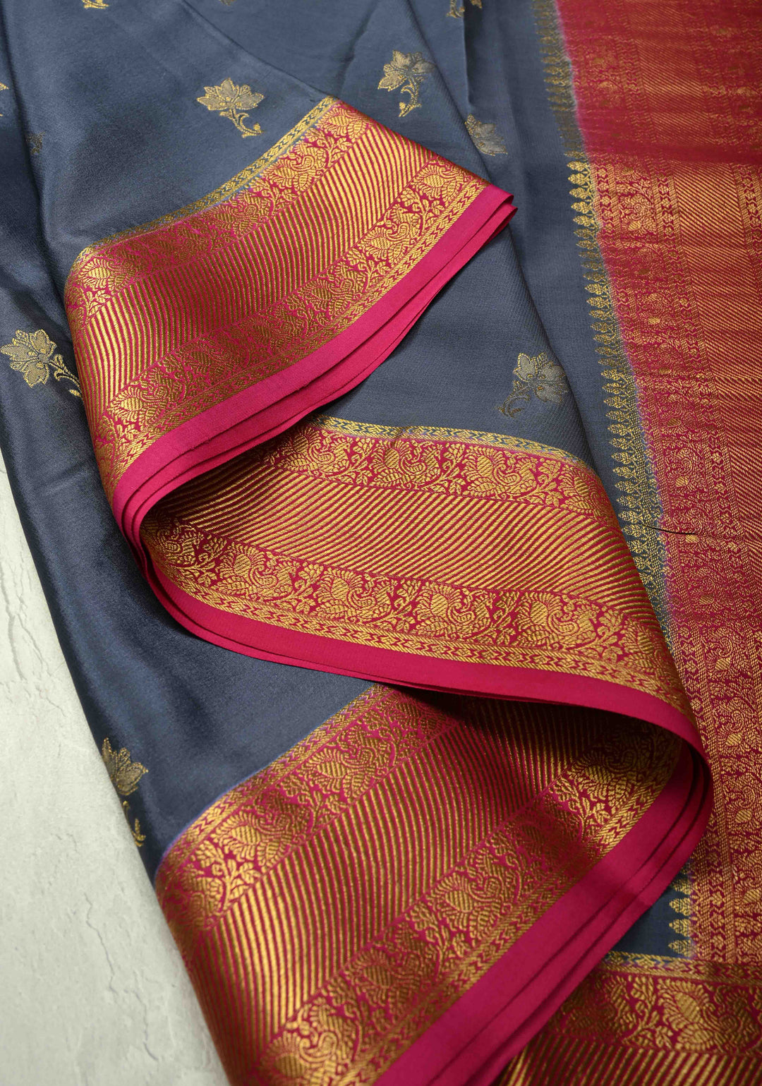 KSIC Grade Thickness Charcoal Gray Mysore Silk Saree with Floral Zari Buttas and Contrast Zari Border| SILK MARK CERTIFIED