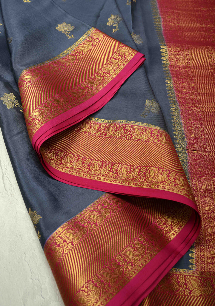 KSIC Grade Thickness Charcoal Gray Mysore Silk Saree with Floral Zari Buttas and Contrast Zari Border| SILK MARK CERTIFIED