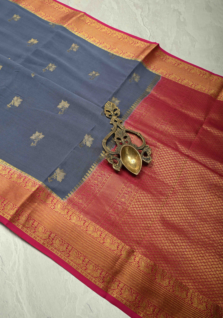 KSIC Grade Thickness Charcoal Gray Mysore Silk Saree with Floral Zari Buttas and Contrast Zari Border| SILK MARK CERTIFIED
