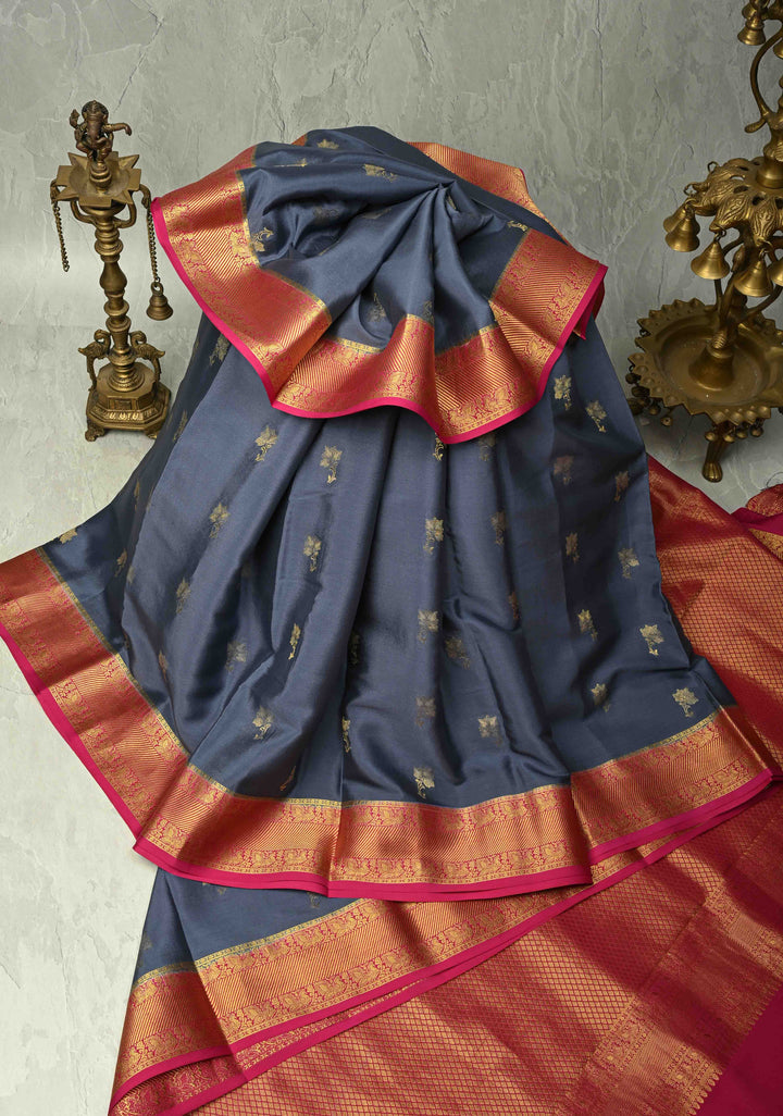 KSIC Grade Thickness Charcoal Gray Mysore Silk Saree with Floral Zari Buttas and Contrast Zari Border| SILK MARK CERTIFIED