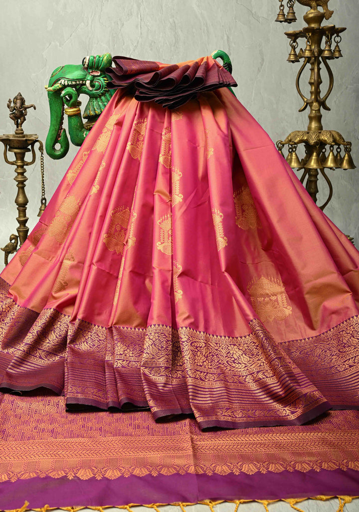 Pink-Peach Dual tone Kanchi Semi Silk Saree with Temple Chariot Zari Buttas and Zari Border