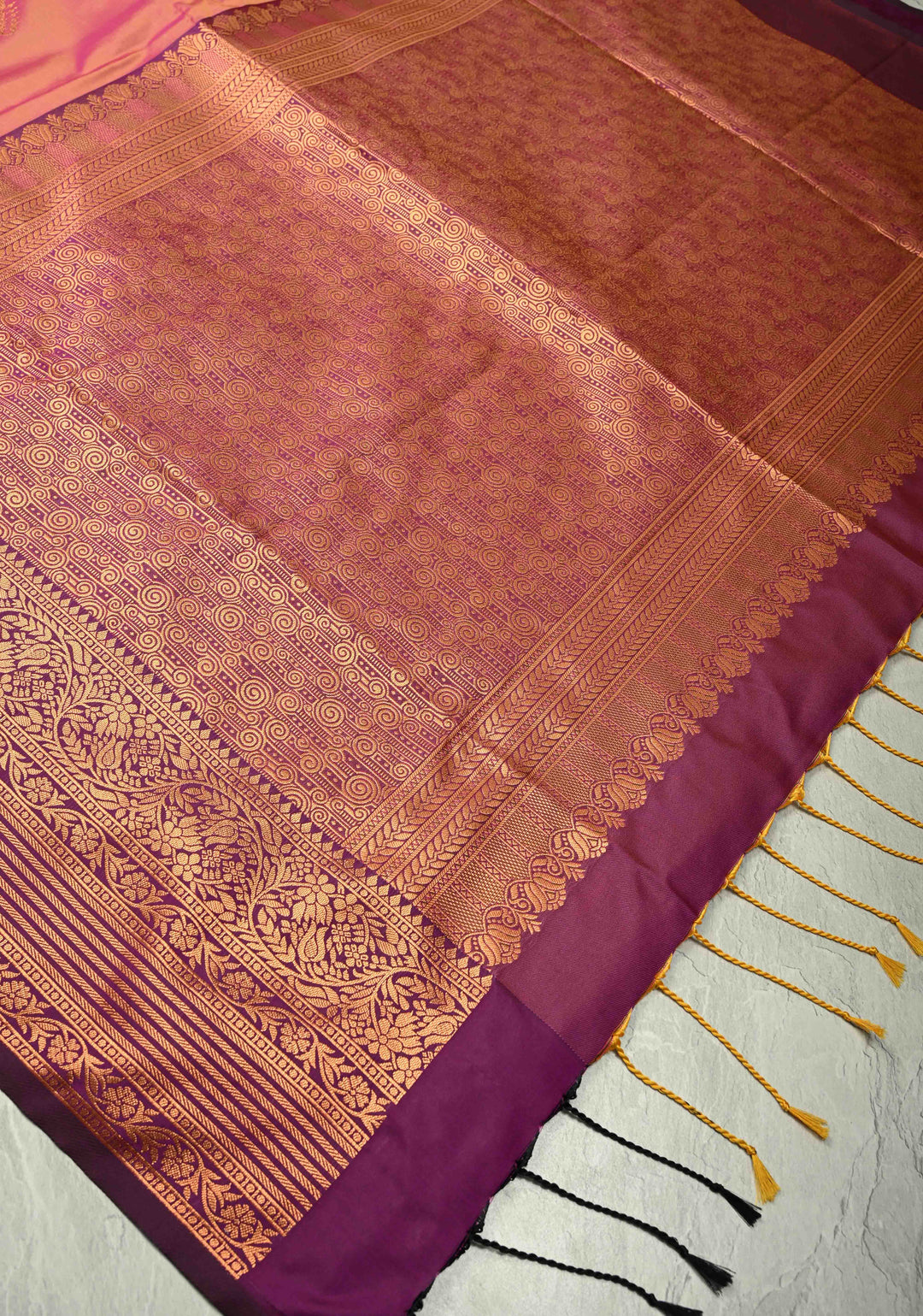 Pink-Peach Dual tone Kanchi Semi Silk Saree with Temple Chariot Zari Buttas and Zari Border