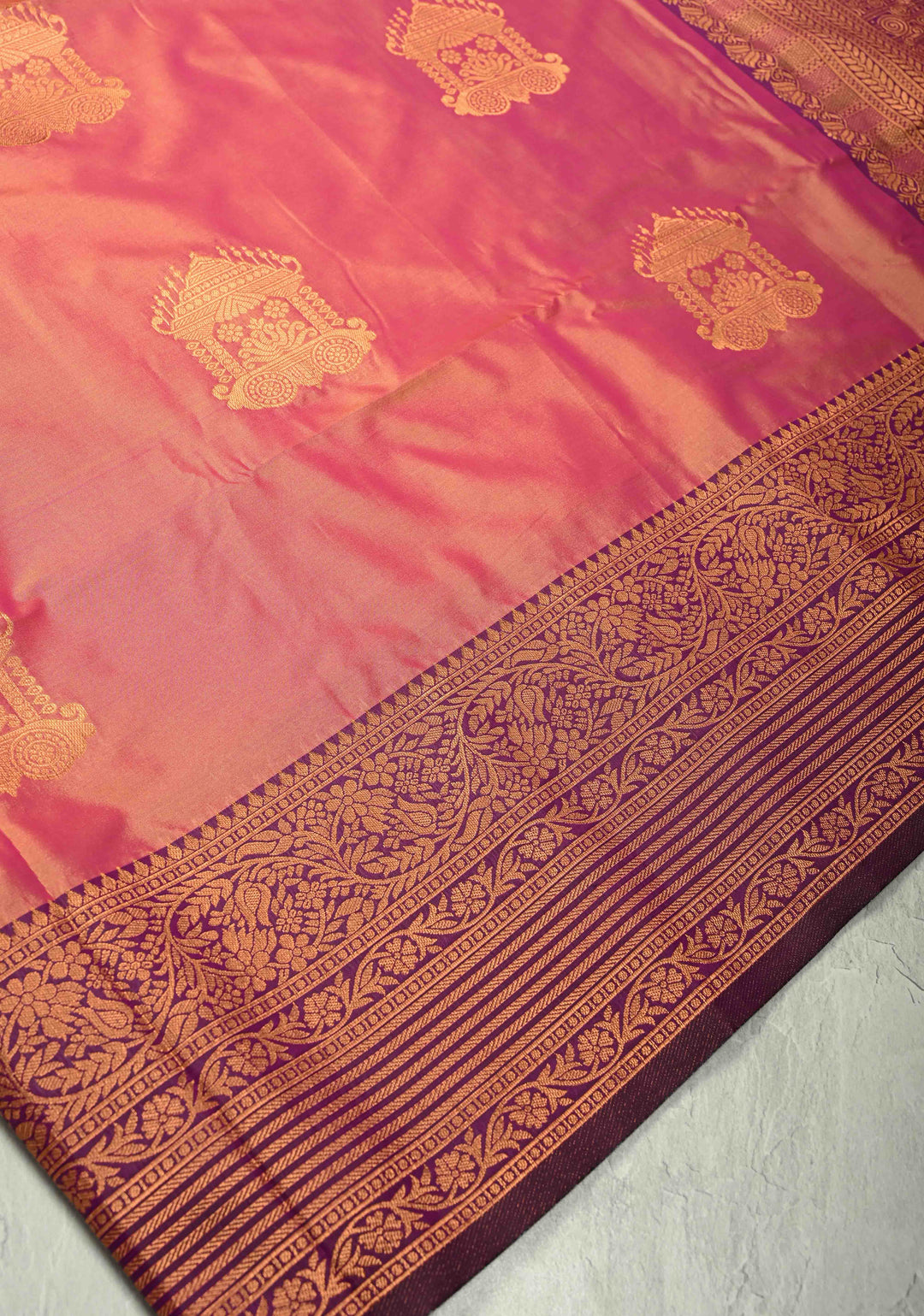 Pink-Peach Dual tone Kanchi Semi Silk Saree with Temple Chariot Zari Buttas and Zari Border