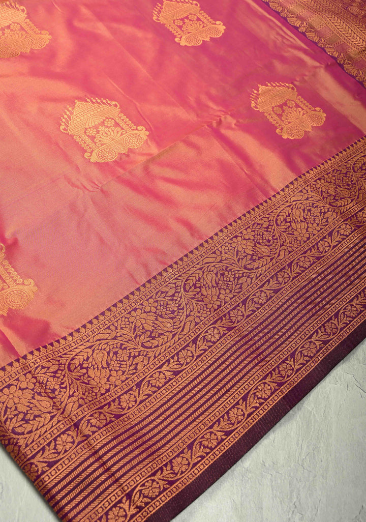 Pink-Peach Dual tone Kanchi Semi Silk Saree with Temple Chariot Zari Buttas and Zari Border