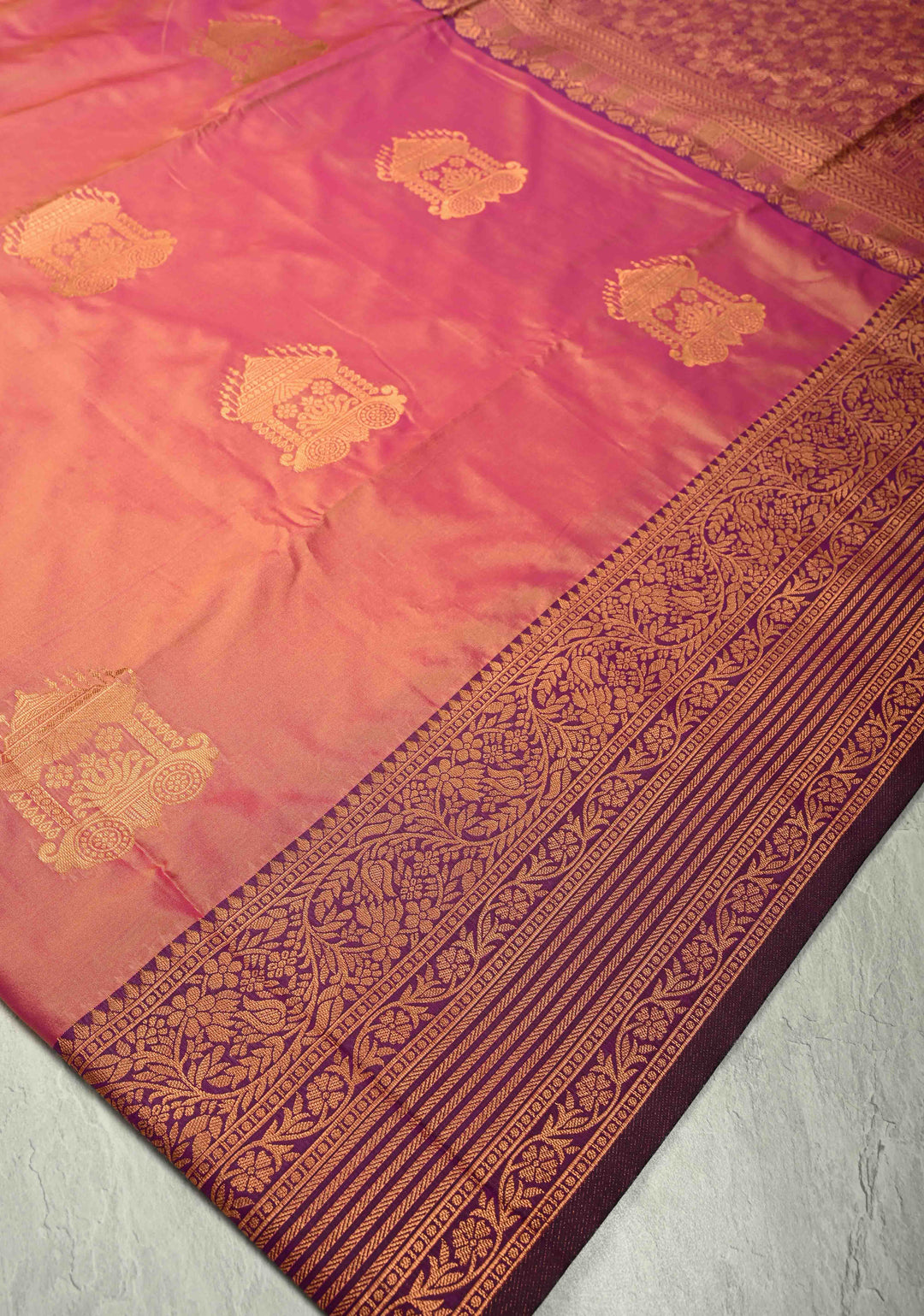 Pink-Peach Dual tone Kanchi Semi Silk Saree with Temple Chariot Zari Buttas and Zari Border