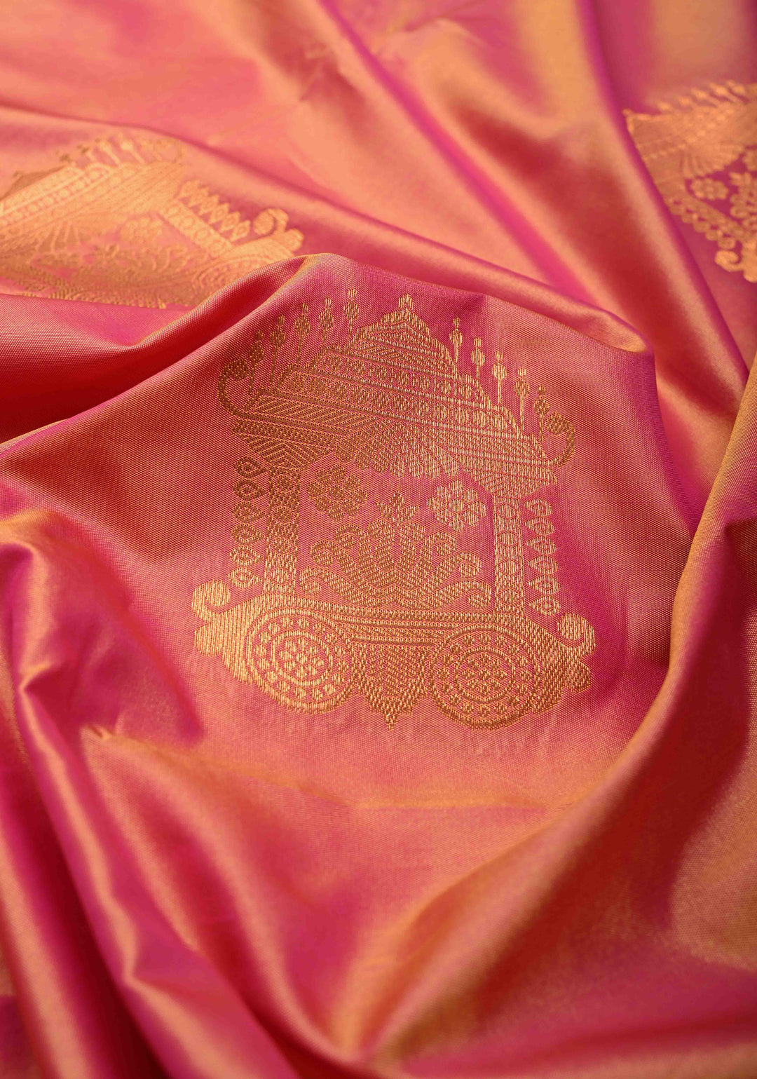 Pink-Peach Dual tone Kanchi Semi Silk Saree with Temple Chariot Zari Buttas and Zari Border
