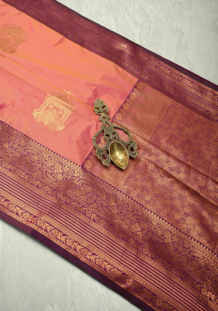 Pink-Peach Dual tone Kanchi Semi Silk Saree with Temple Chariot Zari Buttas and Zari Border