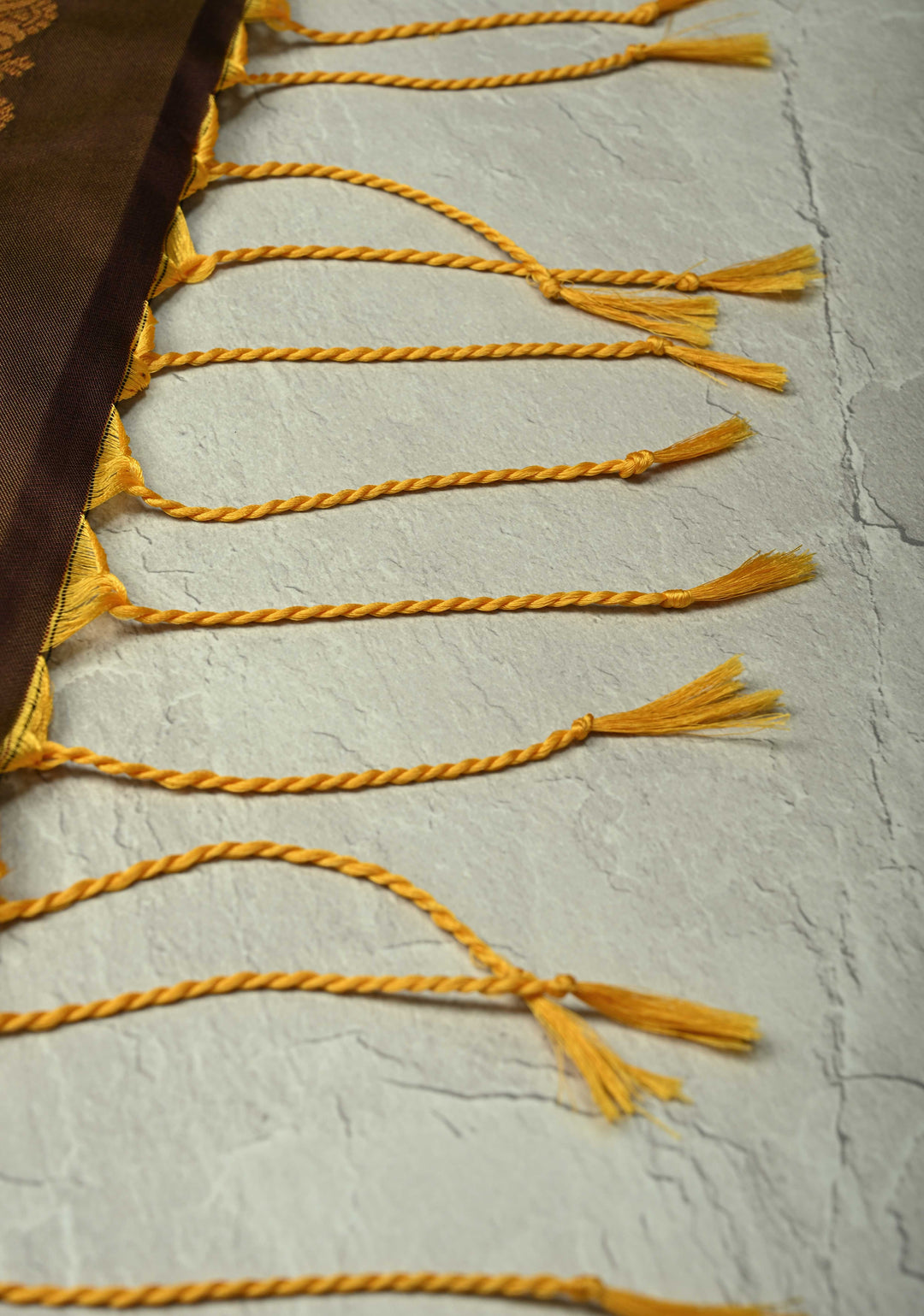 Golden Brown Dual Tone Kanchi Semi Silk Saree with Temple Chariot Zari Buttas and Contrast Wide Zari Border