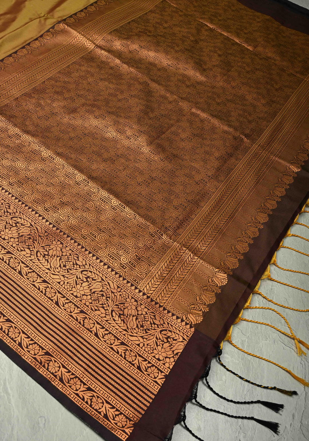 Golden Brown Dual Tone Kanchi Semi Silk Saree with Temple Chariot Zari Buttas and Contrast Wide Zari Border
