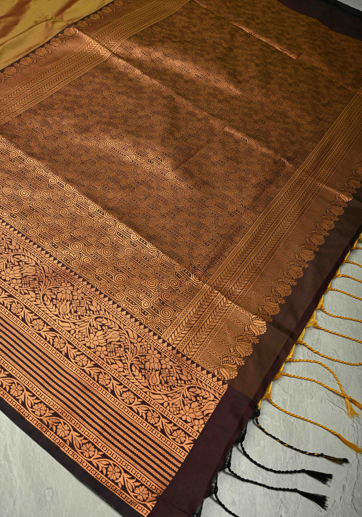 Golden Brown Dual Tone Kanchi Semi Silk Saree with Temple Chariot Zari Buttas and Contrast Wide Zari Border