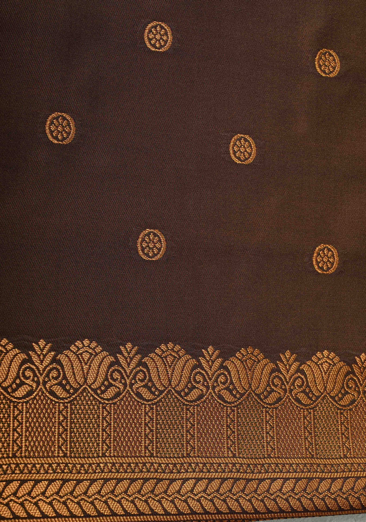 Golden Brown Dual Tone Kanchi Semi Silk Saree with Temple Chariot Zari Buttas and Contrast Wide Zari Border