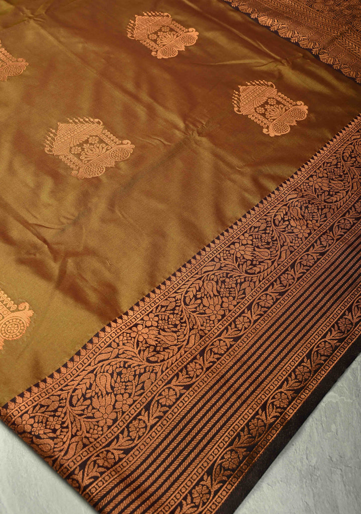 Golden Brown Dual Tone Kanchi Semi Silk Saree with Temple Chariot Zari Buttas and Contrast Wide Zari Border