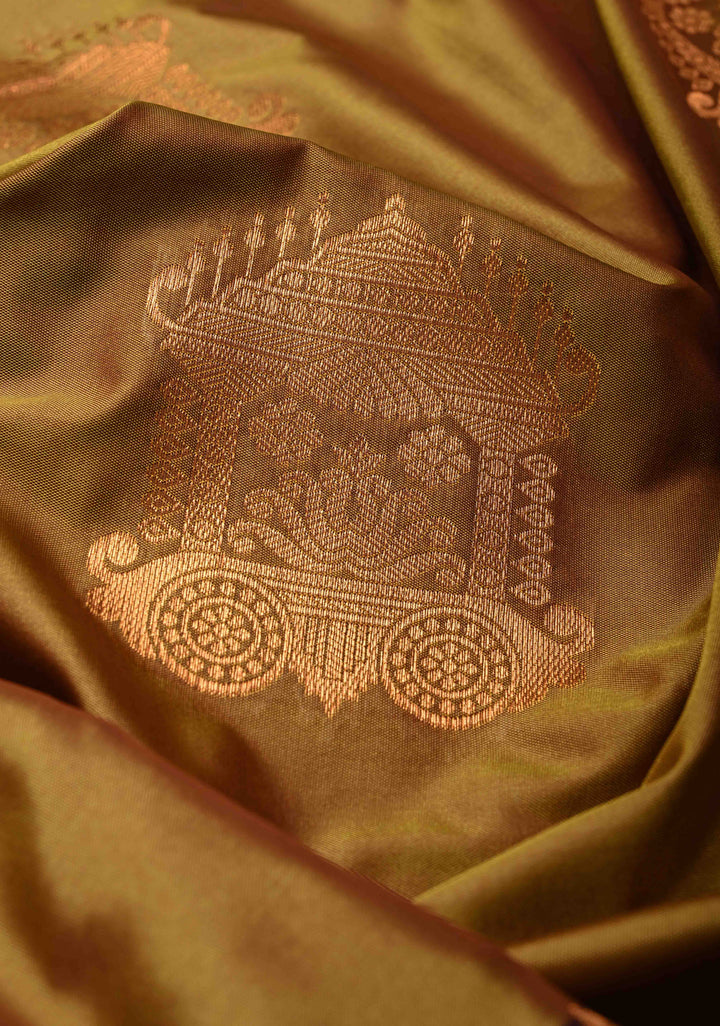 Golden Brown Dual Tone Kanchi Semi Silk Saree with Temple Chariot Zari Buttas and Contrast Wide Zari Border
