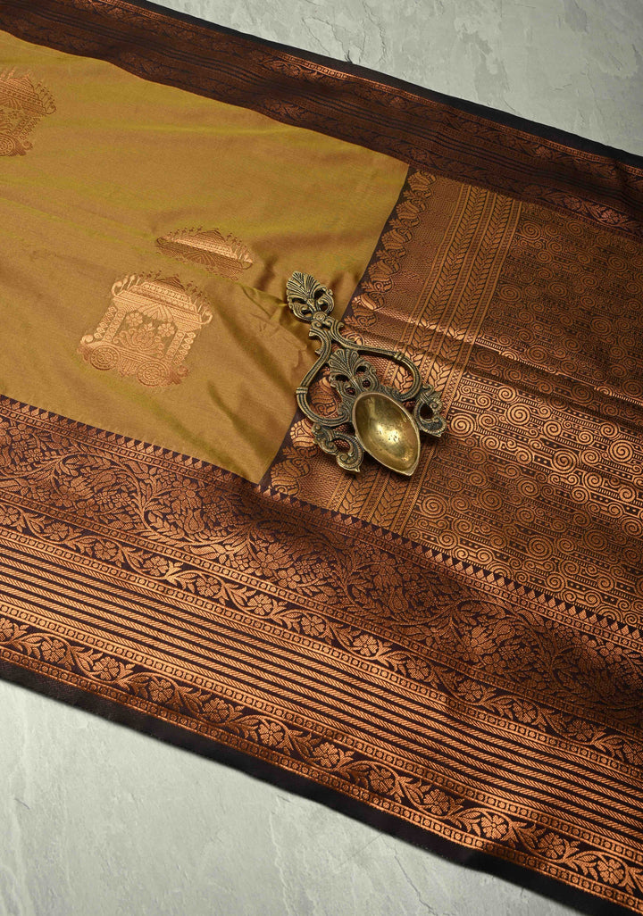 Golden Brown Dual Tone Kanchi Semi Silk Saree with Temple Chariot Zari Buttas and Contrast Wide Zari Border
