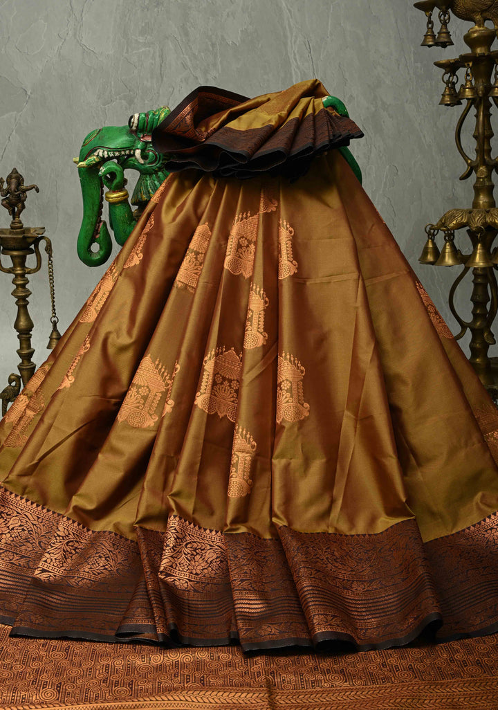 Golden Brown Dual Tone Kanchi Semi Silk Saree with Temple Chariot Zari Buttas and Contrast Wide Zari Border