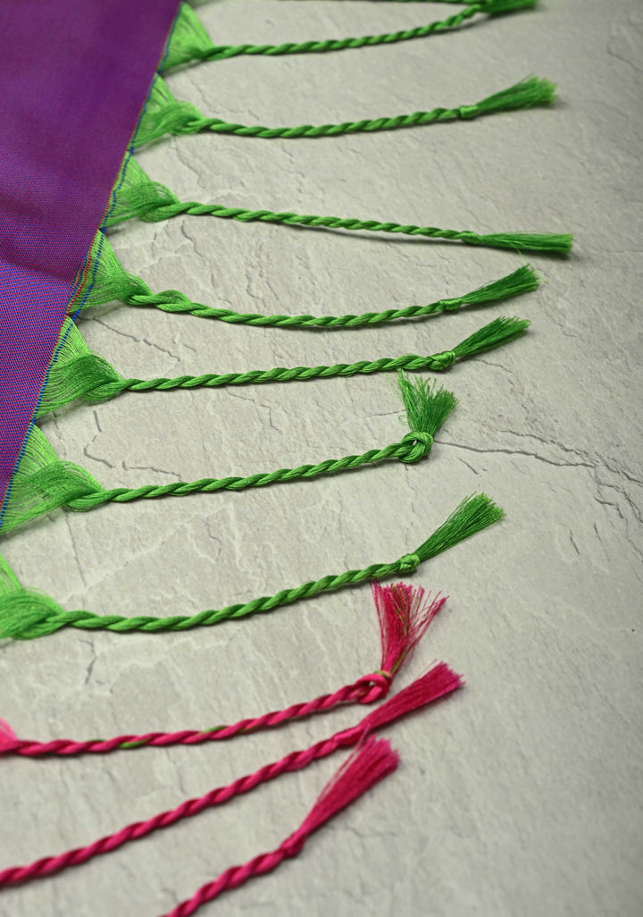 Teal Blue Dual Tone Kanchi Semi Silk Saree with Temple Chariot Zari Buttas  and Contrast Zari Border