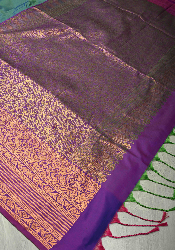 Teal Blue Dual Tone Kanchi Semi Silk Saree with Temple Chariot Zari Buttas  and Contrast Zari Border