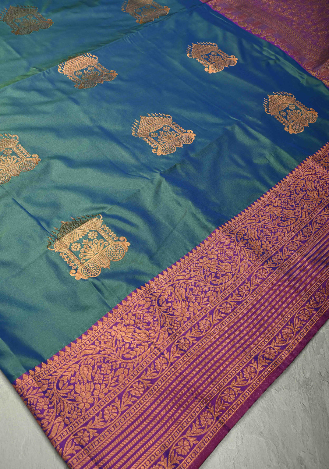 Teal Blue Dual Tone Kanchi Semi Silk Saree with Temple Chariot Zari Buttas  and Contrast Zari Border