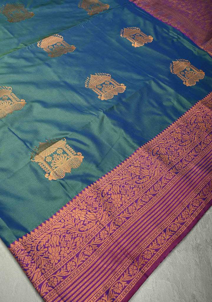 Teal Blue Dual Tone Kanchi Semi Silk Saree with Temple Chariot Zari Buttas  and Contrast Zari Border