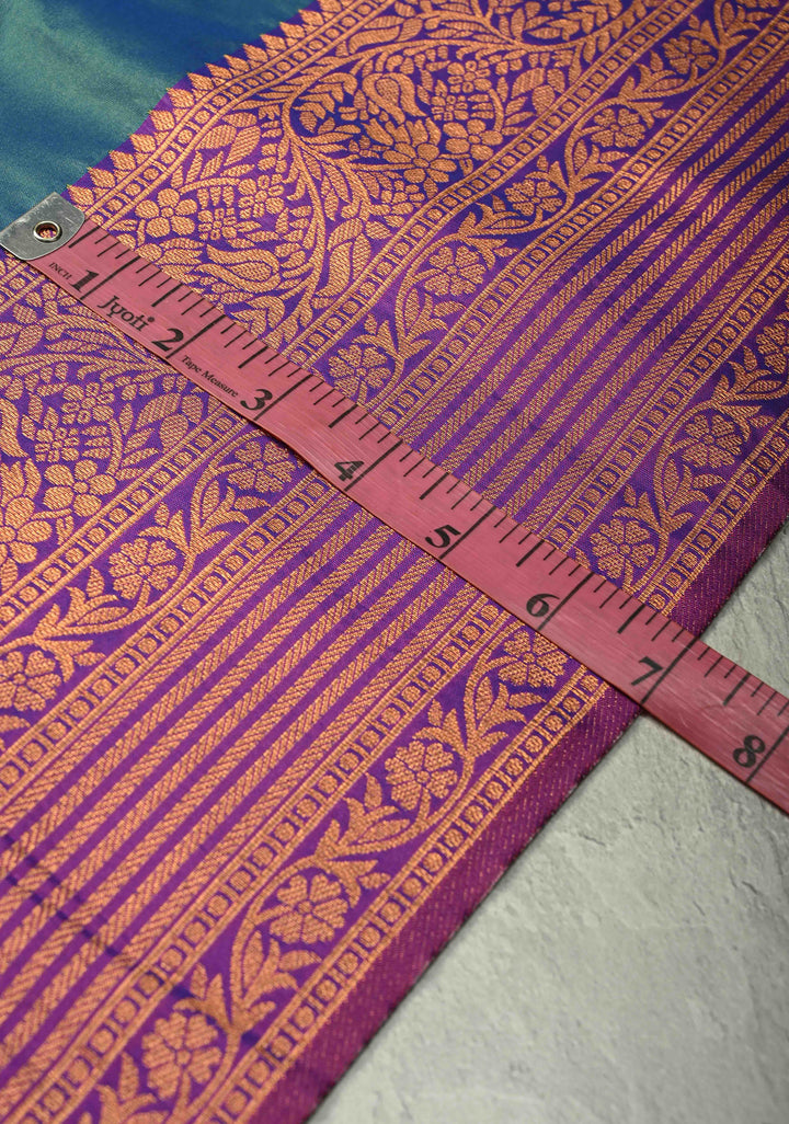 Teal Blue Dual Tone Kanchi Semi Silk Saree with Temple Chariot Zari Buttas  and Contrast Zari Border