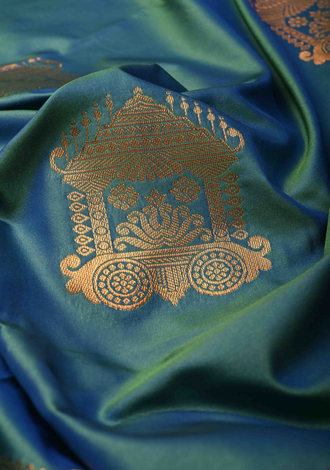 Teal Blue Dual Tone Kanchi Semi Silk Saree with Temple Chariot Zari Buttas  and Contrast Zari Border