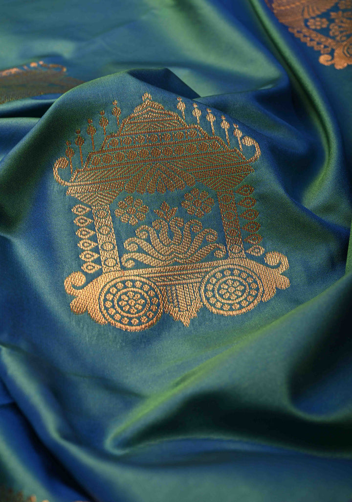 Teal Blue Dual Tone Kanchi Semi Silk Saree with Temple Chariot Zari Buttas  and Contrast Zari Border