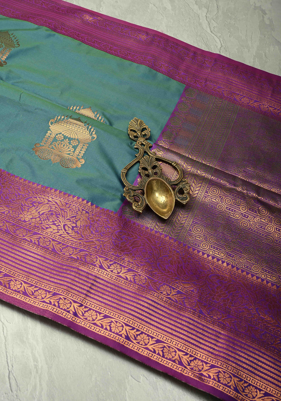 Teal Blue Dual Tone Kanchi Semi Silk Saree with Temple Chariot Zari Buttas  and Contrast Zari Border