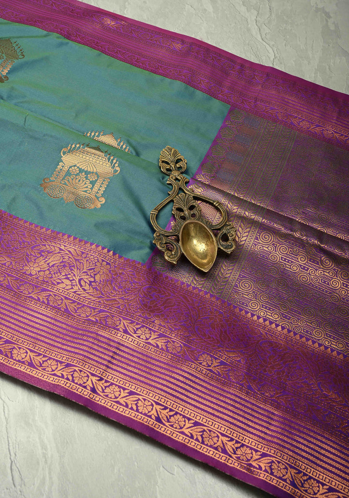 Teal Blue Dual Tone Kanchi Semi Silk Saree with Temple Chariot Zari Buttas  and Contrast Zari Border
