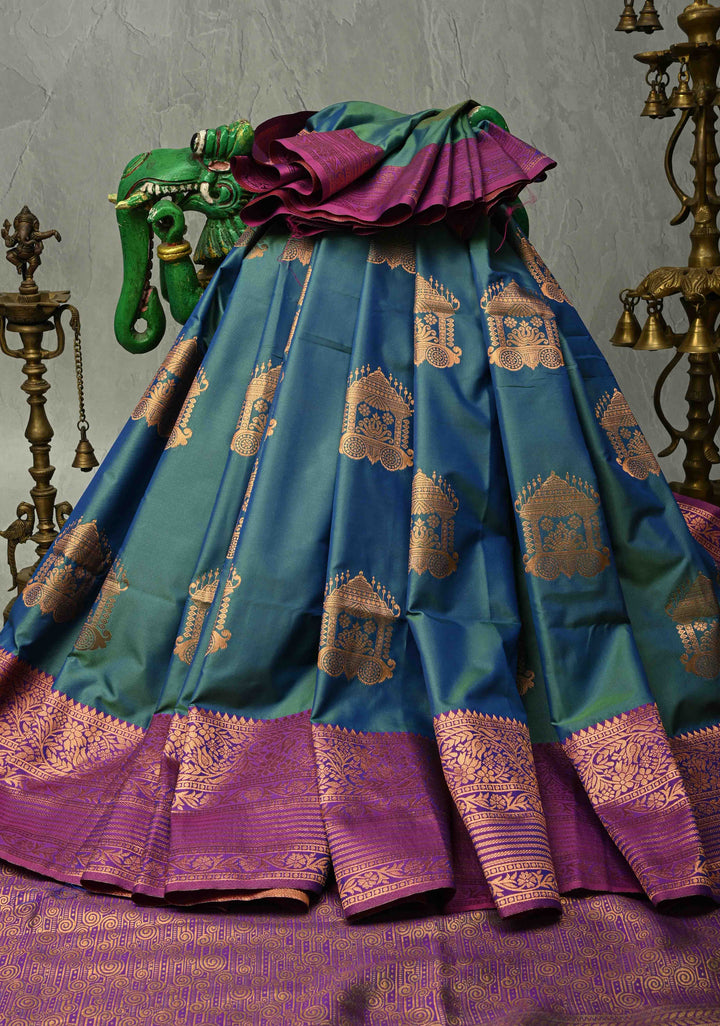 Teal Blue Dual Tone Kanchi Semi Silk Saree with Temple Chariot Zari Buttas  and Contrast Zari Border