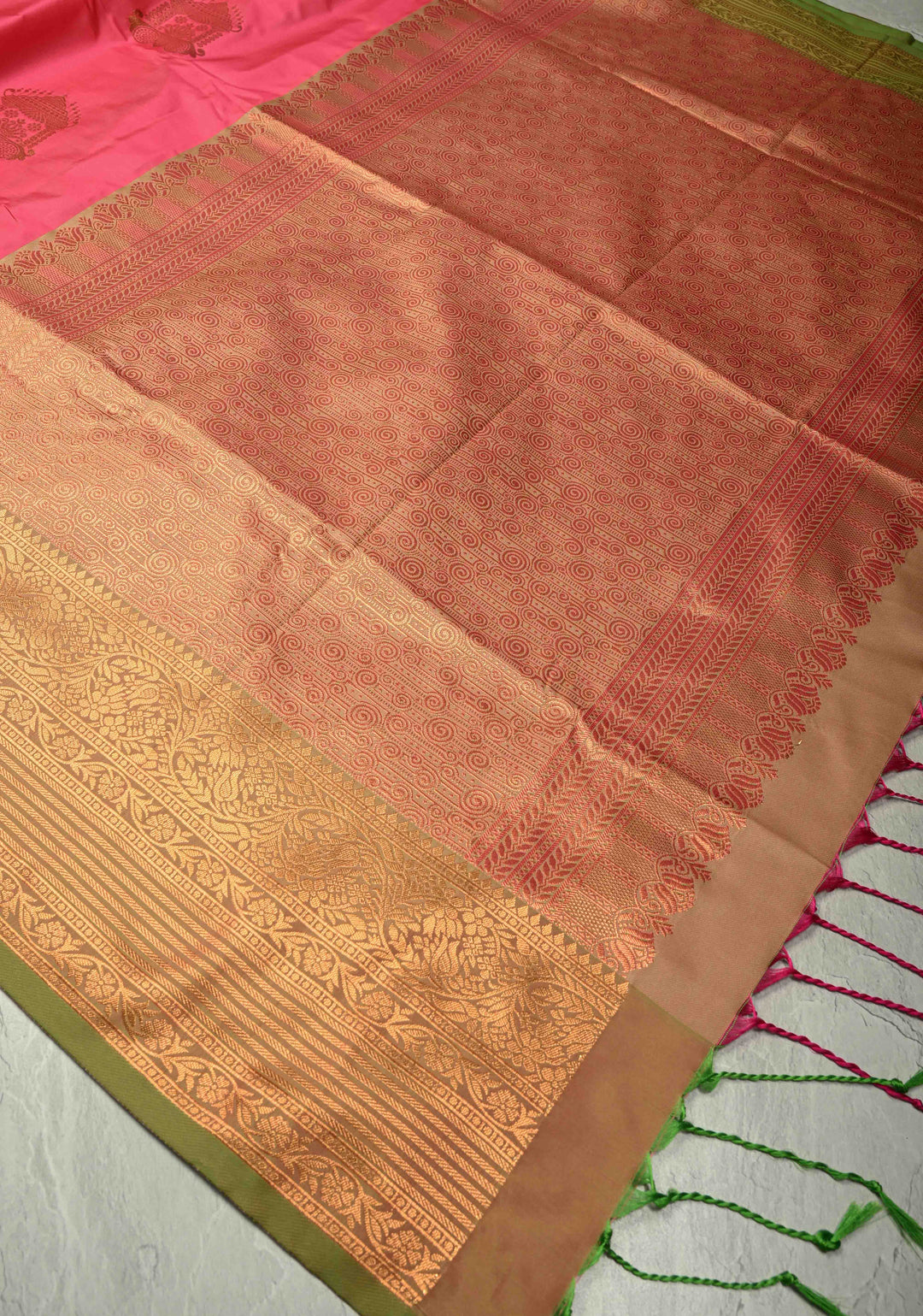 Fiery Rose Dual Tone Kanchi Semi Silk Saree with Temple Chariot Buttas and Zari Border