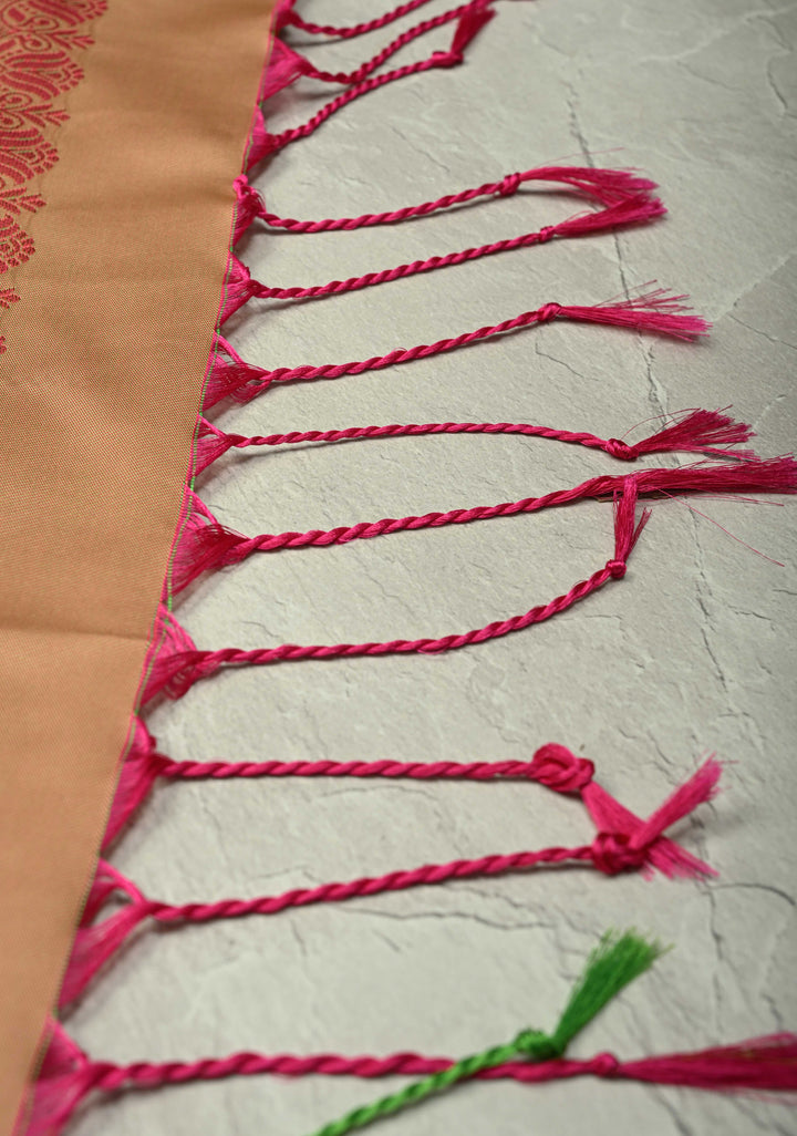 Fiery Rose Dual Tone Kanchi Semi Silk Saree with Temple Chariot Buttas and Zari Border