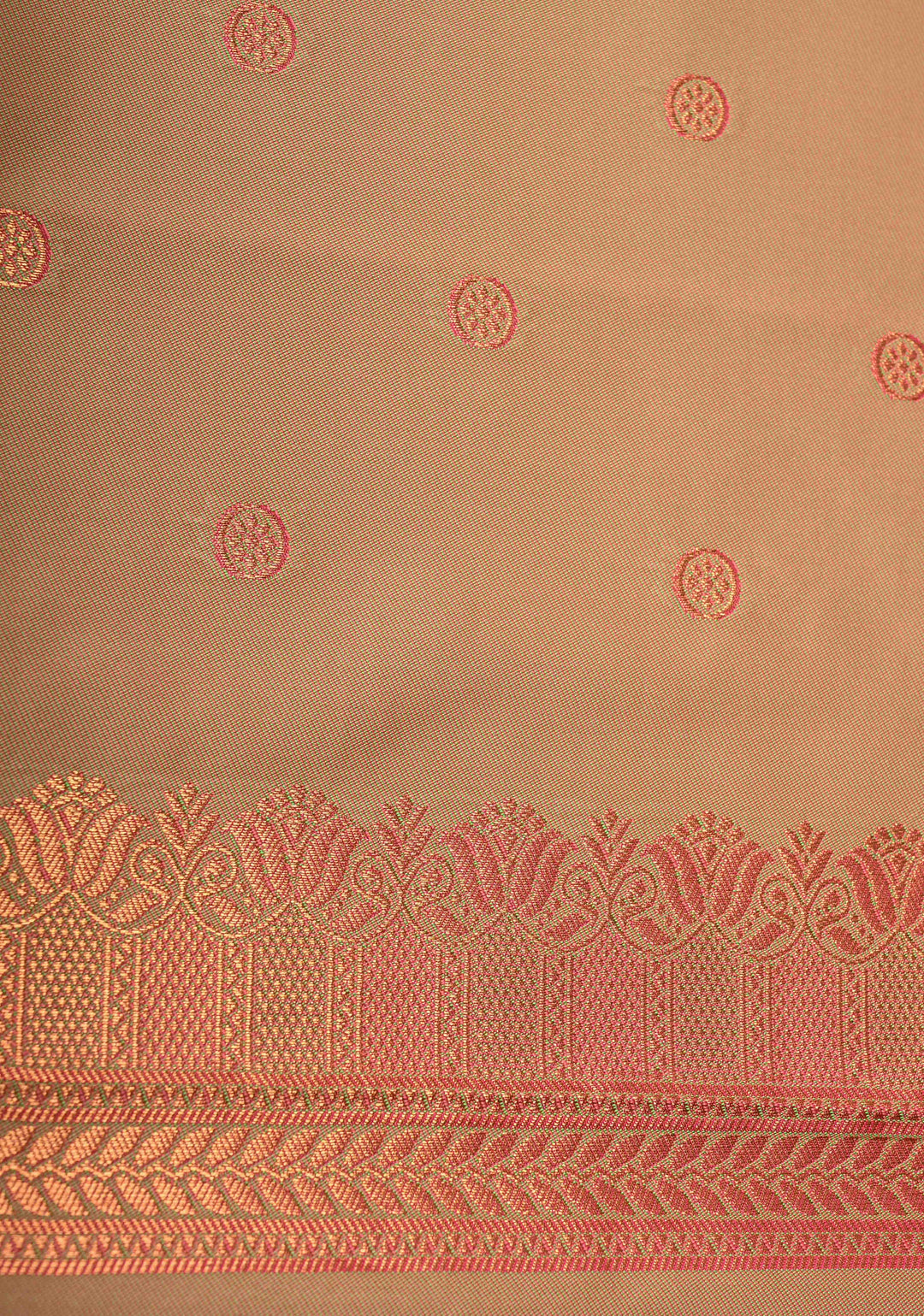 Fiery Rose Dual Tone Kanchi Semi Silk Saree with Temple Chariot Buttas and Zari Border