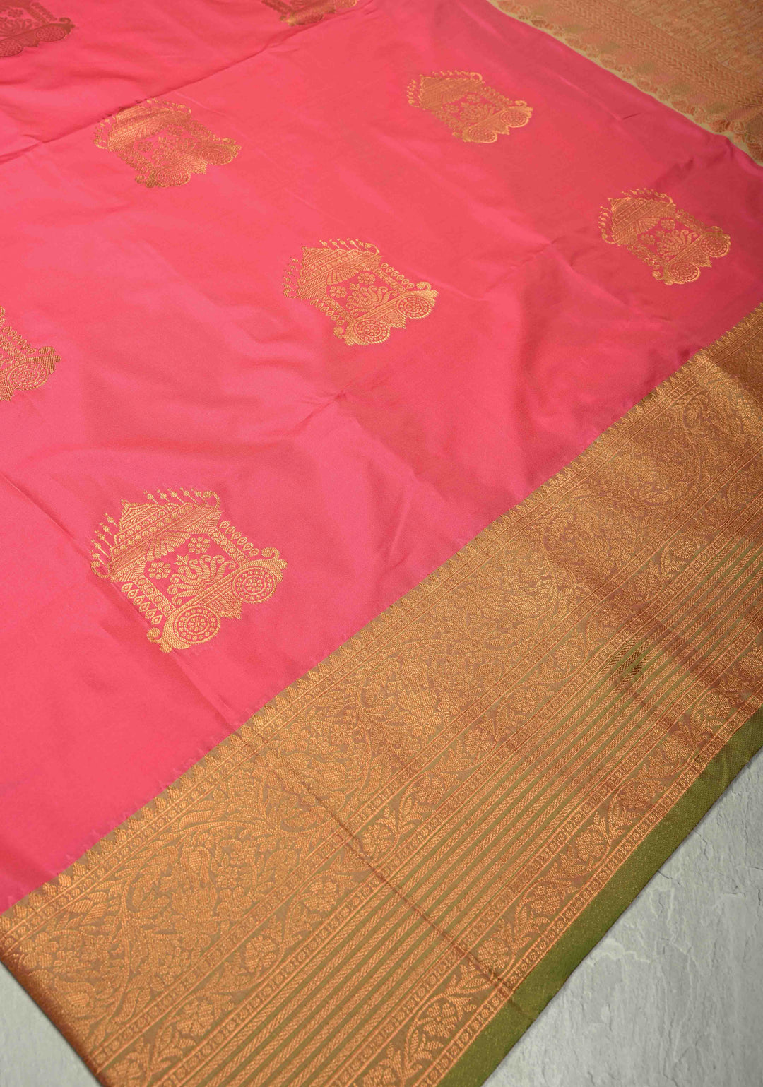 Fiery Rose Dual Tone Kanchi Semi Silk Saree with Temple Chariot Buttas and Zari Border