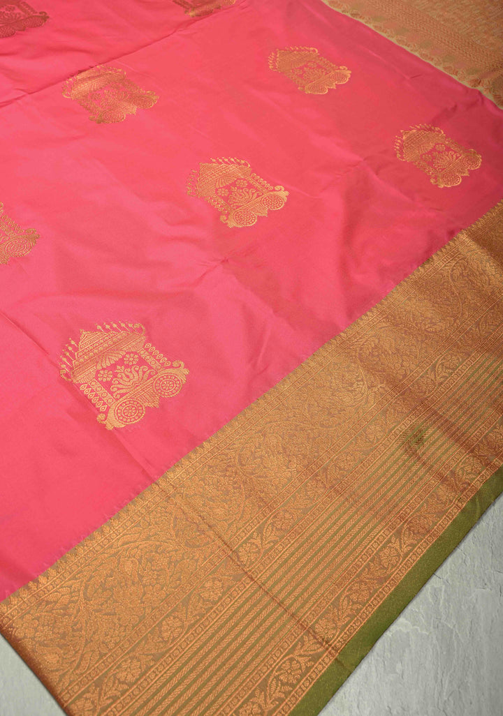 Fiery Rose Dual Tone Kanchi Semi Silk Saree with Temple Chariot Buttas and Zari Border