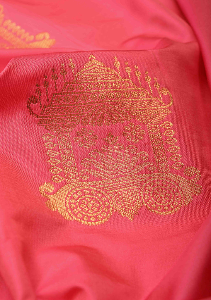 Fiery Rose Dual Tone Kanchi Semi Silk Saree with Temple Chariot Buttas and Zari Border