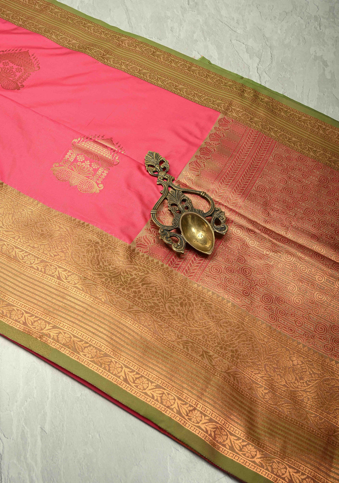 Fiery Rose Dual Tone Kanchi Semi Silk Saree with Temple Chariot Buttas and Zari Border