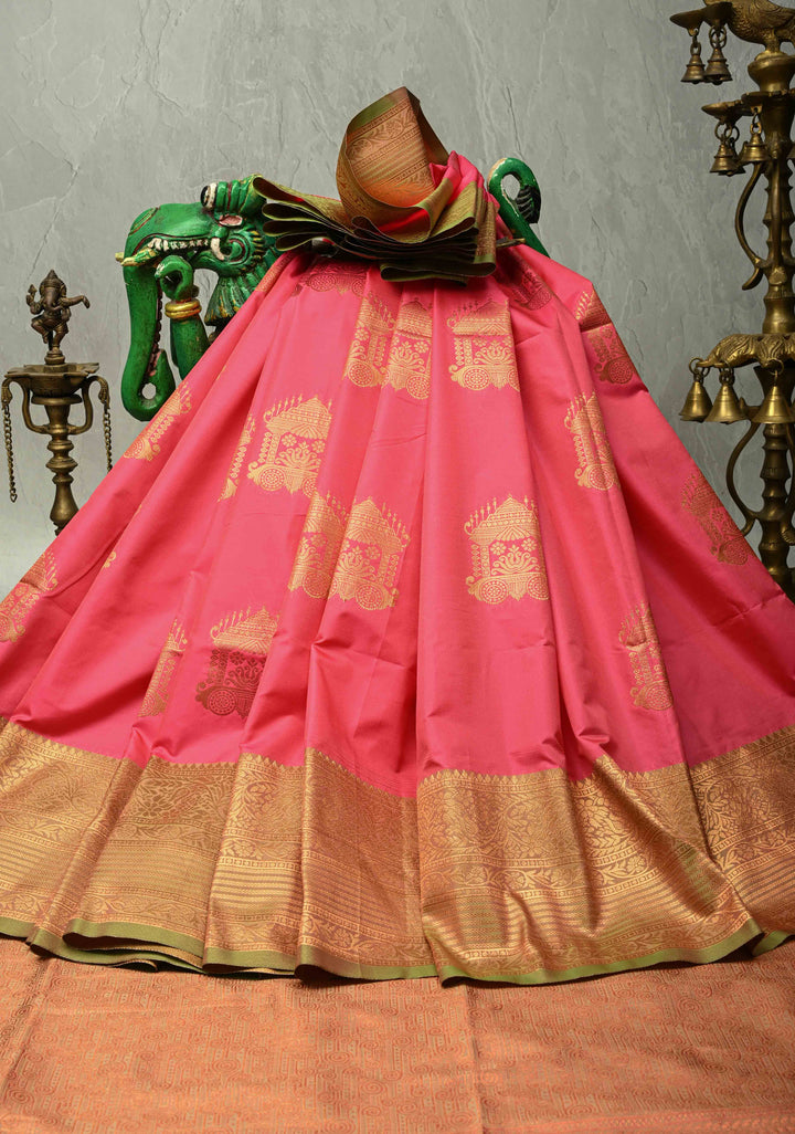 Fiery Rose Dual Tone Kanchi Semi Silk Saree with Temple Chariot Buttas and Zari Border