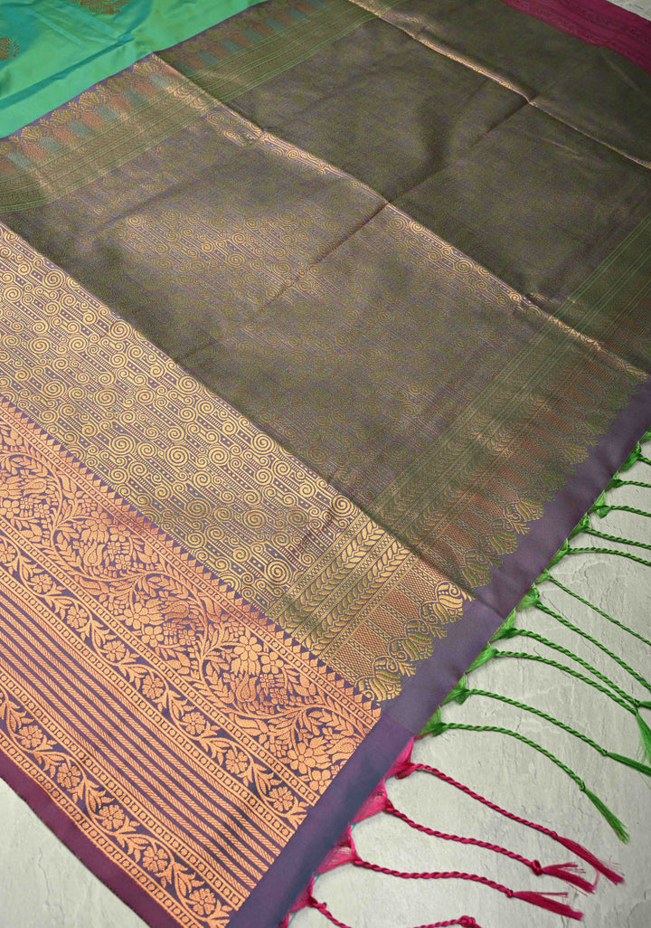 Green Dual tone Kanchi Semi Silk Saree with Temple Chariot Zari Buttas and Contrast Zari Border