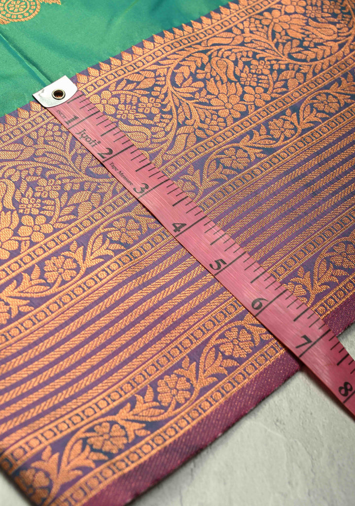 Green Dual tone Kanchi Semi Silk Saree with Temple Chariot Zari Buttas and Contrast Zari Border