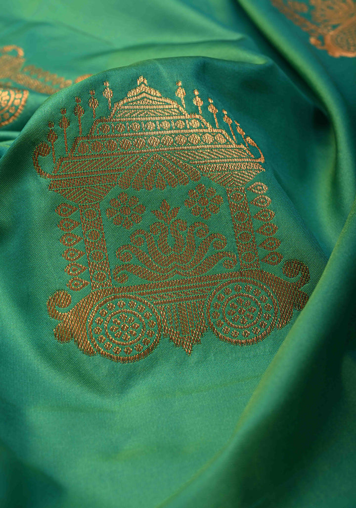 Green Dual tone Kanchi Semi Silk Saree with Temple Chariot Zari Buttas and Contrast Zari Border