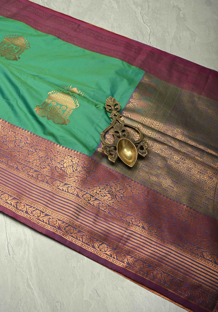 Green Dual tone Kanchi Semi Silk Saree with Temple Chariot Zari Buttas and Contrast Zari Border