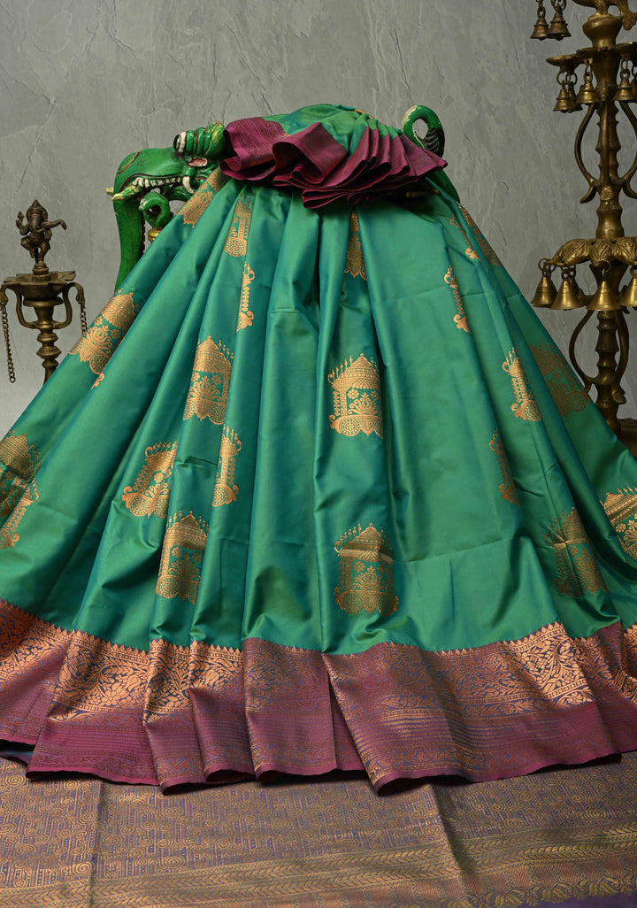 Green Dual tone Kanchi Semi Silk Saree with Temple Chariot Zari Buttas and Contrast Zari Border