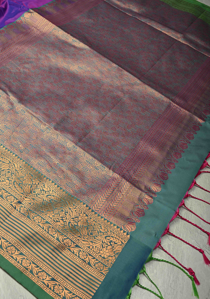 Purple Dual tone Kanchi Semi Silk Saree with Temple Chariot Zari Buttas and Contrast Zari Border
