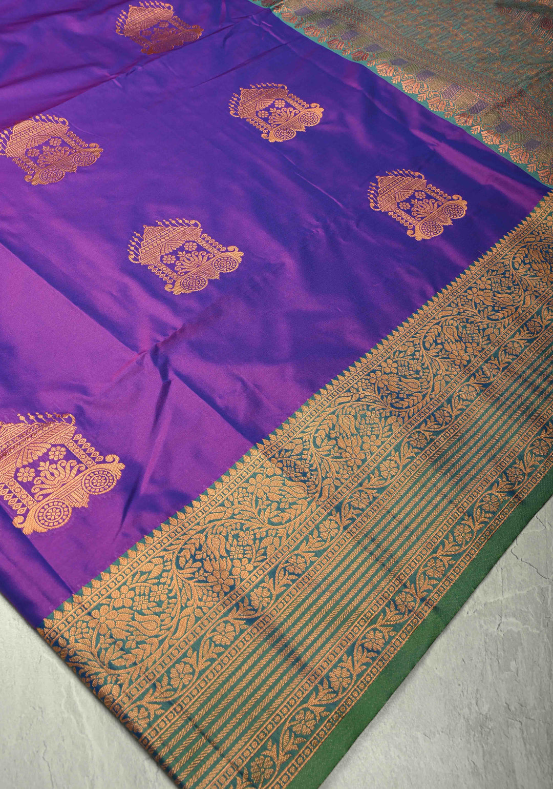 Purple Dual tone Kanchi Semi Silk Saree with Temple Chariot Zari Buttas and Contrast Zari Border