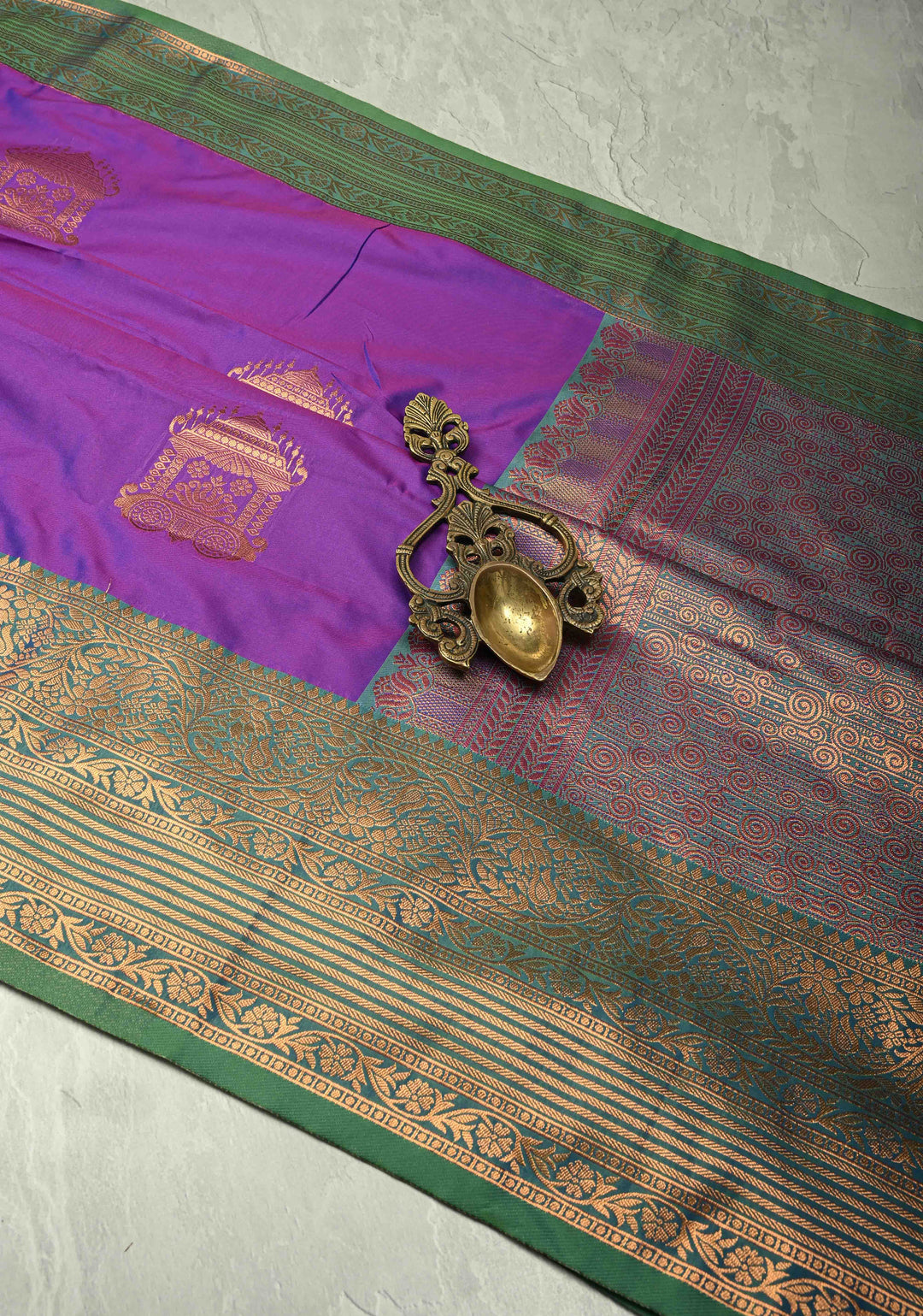 Purple Dual tone Kanchi Semi Silk Saree with Temple Chariot Zari Buttas and Contrast Zari Border