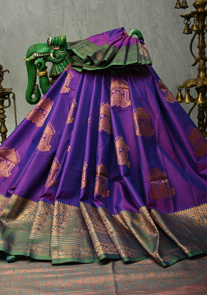 Purple Dual tone Kanchi Semi Silk Saree with Temple Chariot Zari Buttas and Contrast Zari Border