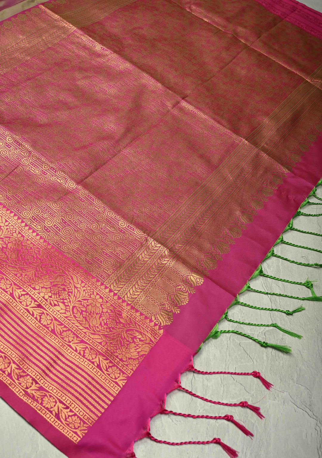 Purple-Green Dual Tone Kanchi Semi Silk Saree with Temple Chariot Zari Buttas and Zari Border