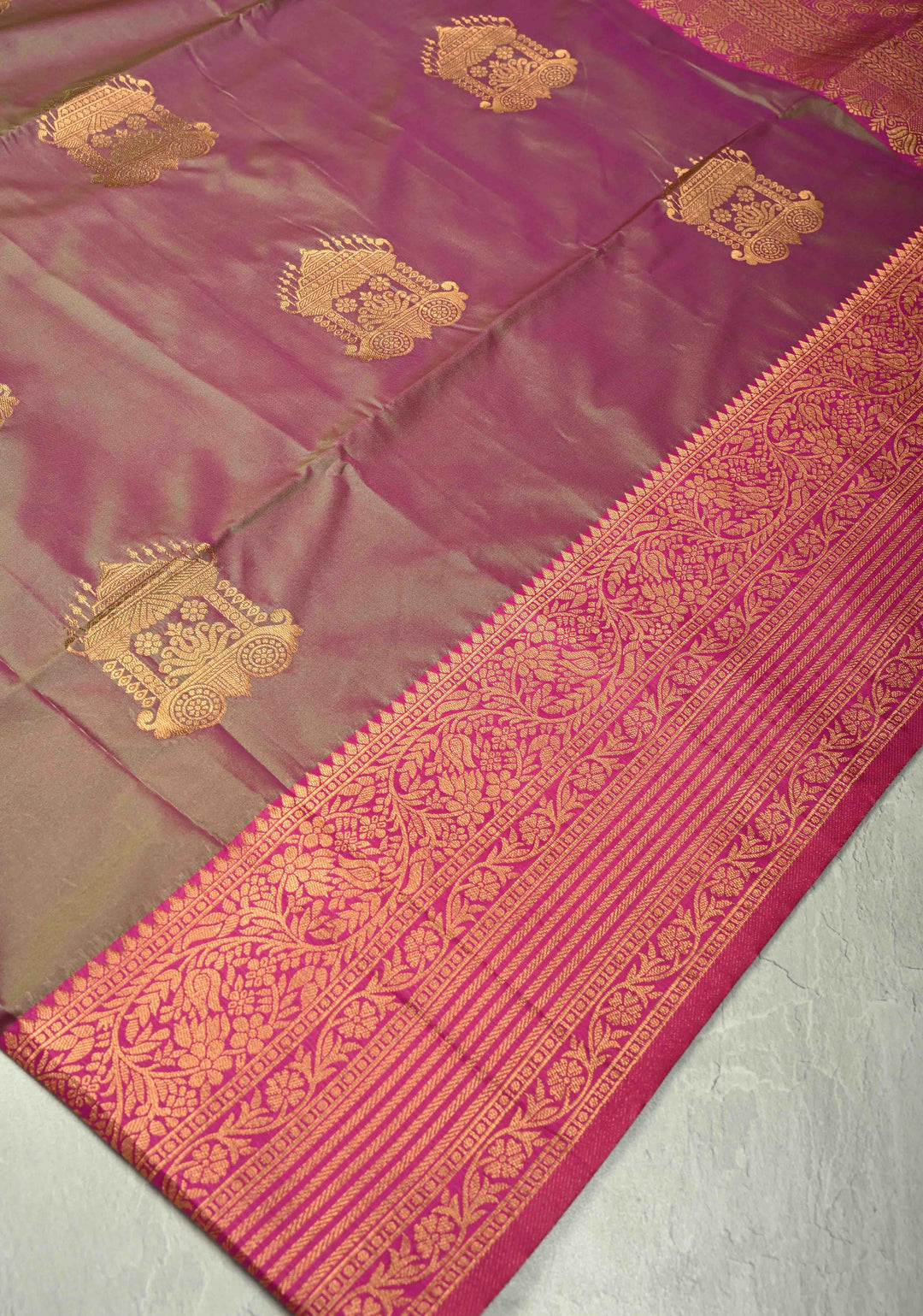 Purple-Green Dual Tone Kanchi Semi Silk Saree with Temple Chariot Zari Buttas and Zari Border